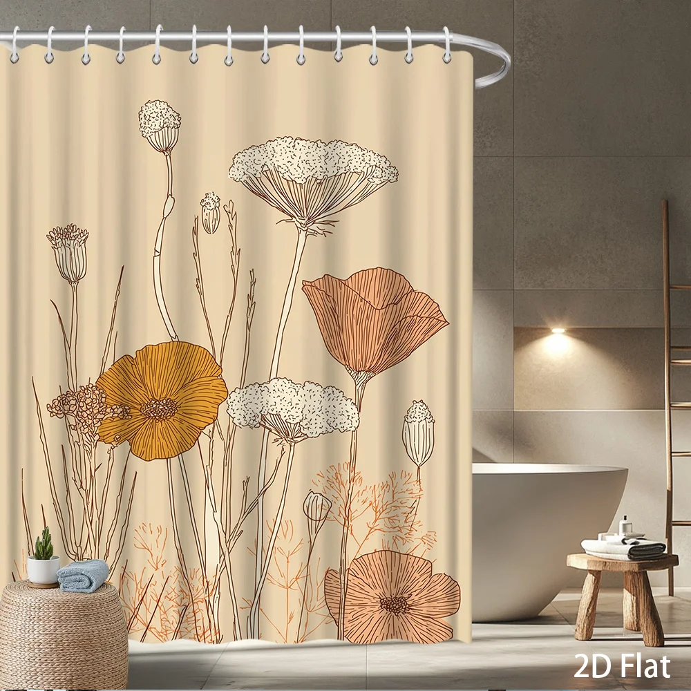 Botanical Wildflower Shower Curtain – Watercolor Yellow & Orange Poppies with Delicate Stems on Cream Background, Waterproof