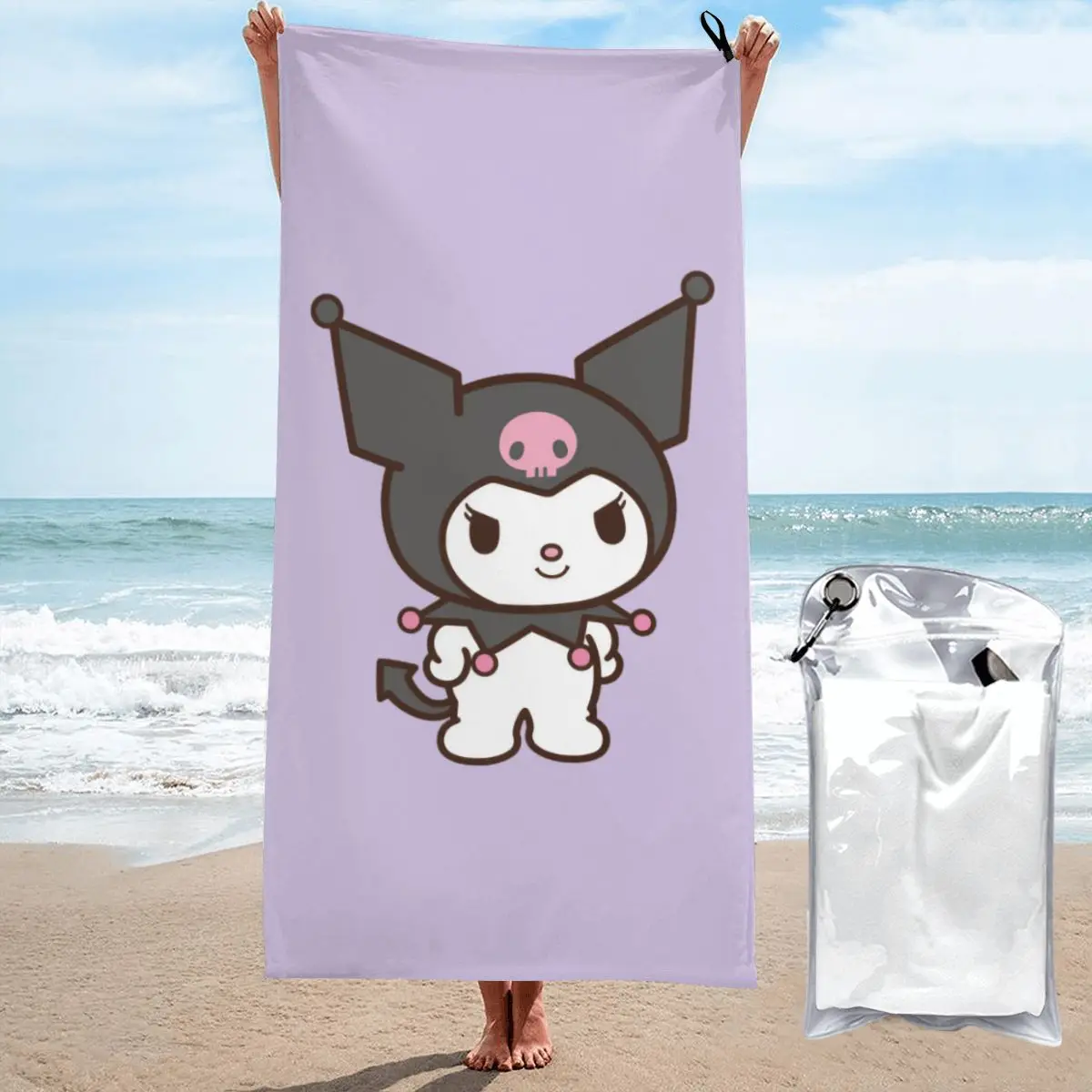 

Полотенце для пляжа Sanrio Kuromi, новое летнее поглощающее воду полотенце без песка, быстросохнущие полотенца для серфинга