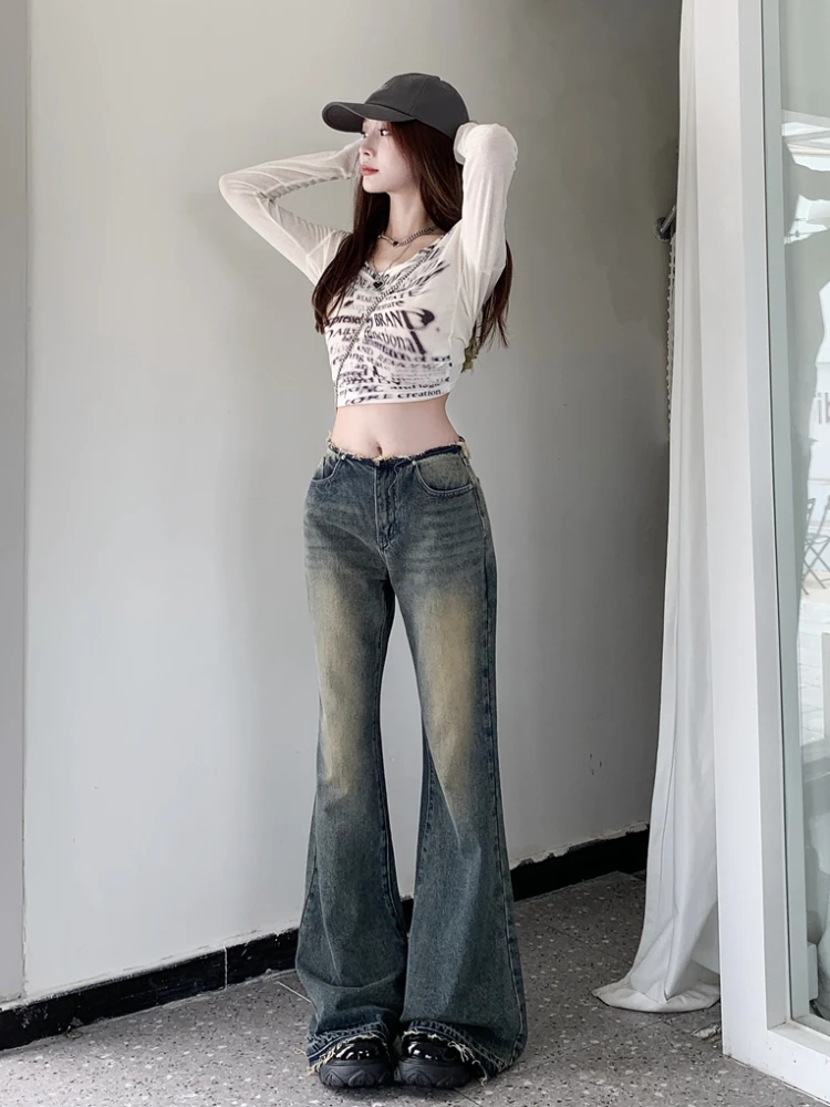 Autumn Jeans Women Bleached Raw Edge Flare Trousers Korean Style Fashion Spicy Girls Retro Mopping Chic Workout Simple All-match