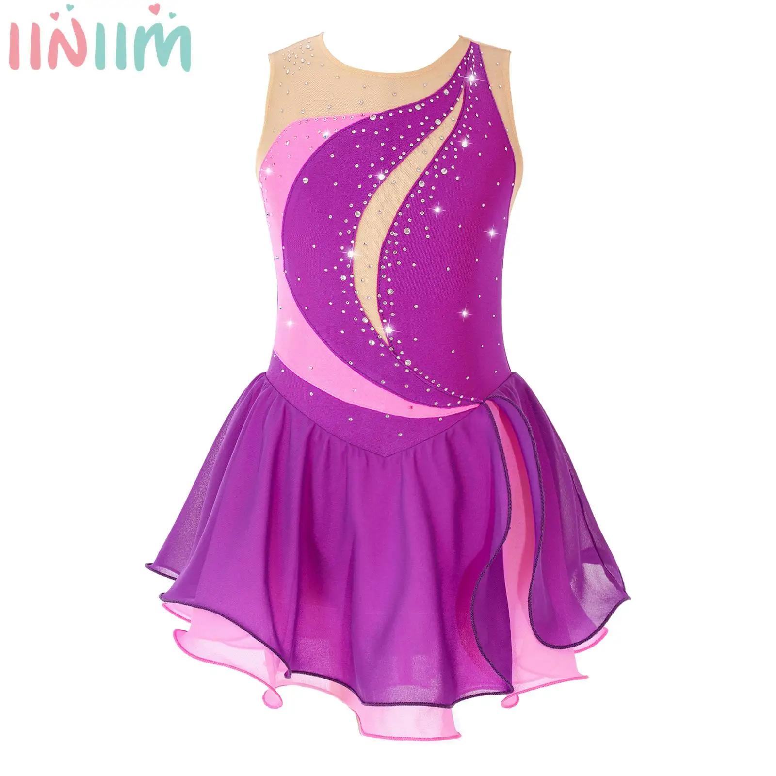 Girls Ballet Dance Costumes Shiny Rhinestone Decorated Patchwork Leotard Dress Ruffle Chiffon Figure Ice Skating Dance Dress