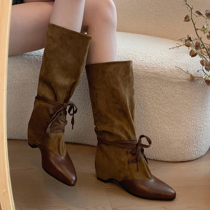 Designer Women Long Boots Pointed Toe Heeled Knee High Shoes New Low Heels Chelsea Boots Walking Trend Goth Lace Up Mujer Botas