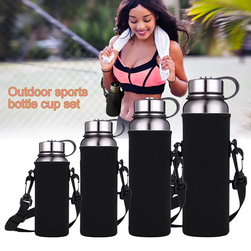 Sports Water Bottles Carrier Bag  W/Strap Neoprene Water  Holder Shoulder Strap Black Bottle Carrier Insulat Bag