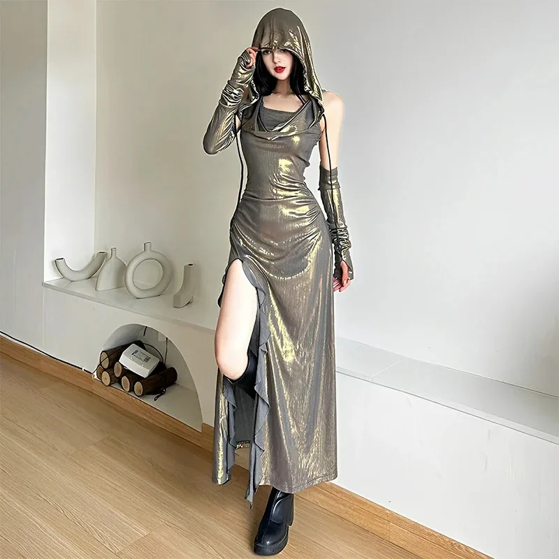 

Assassin Halloween Cosplay Costume Women Sparkle Striped Hooded Dress Long Asym Figure Flattering Party Dressess;2'd,5.h;