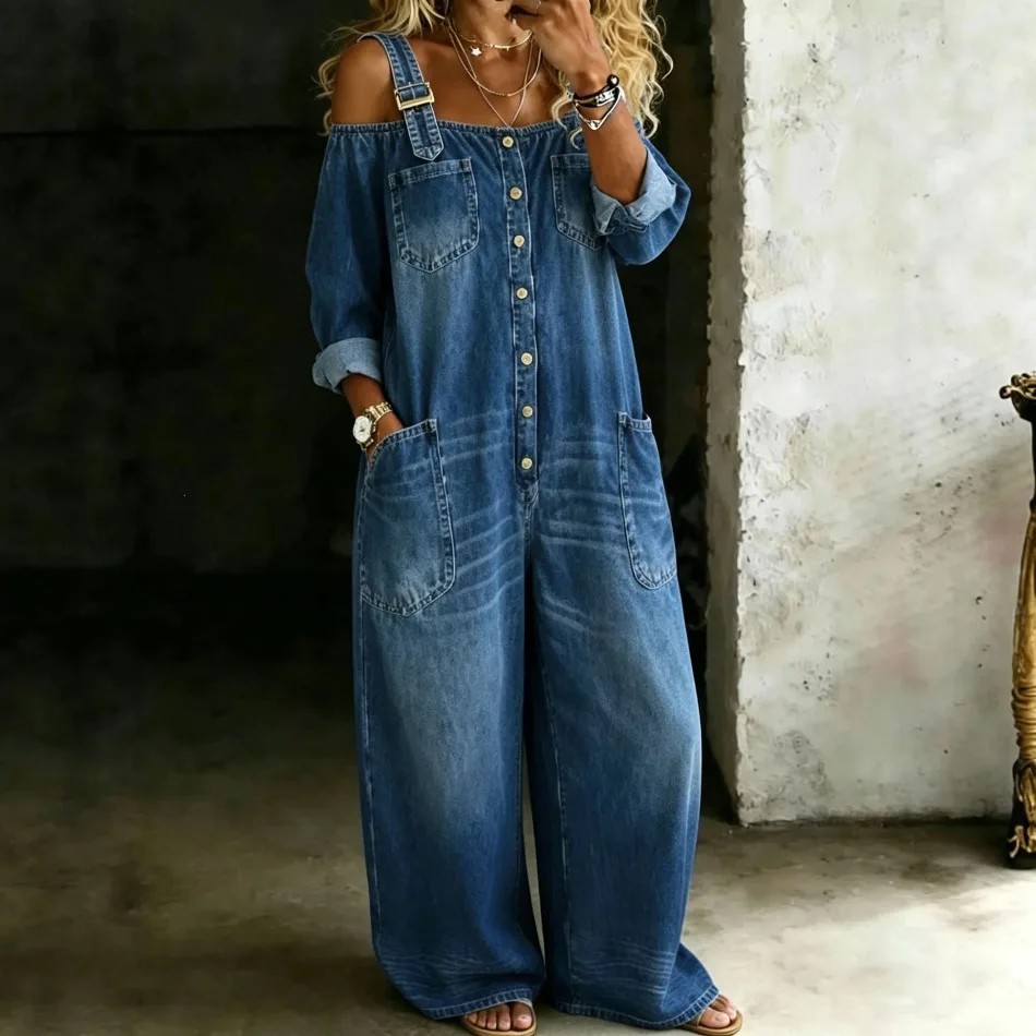 Elegante schulterfreie Jumpsuits für Damen – Modische, lässige, lockere Denim-Overalls mit Einreiher für den Sommer – Detail 4