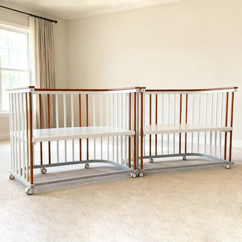 

Портативная мобильная кроватка на колесиках с регулировкой высоты, деревянная кроватка-манеж для новорожденных, трансформируемая, для двойни