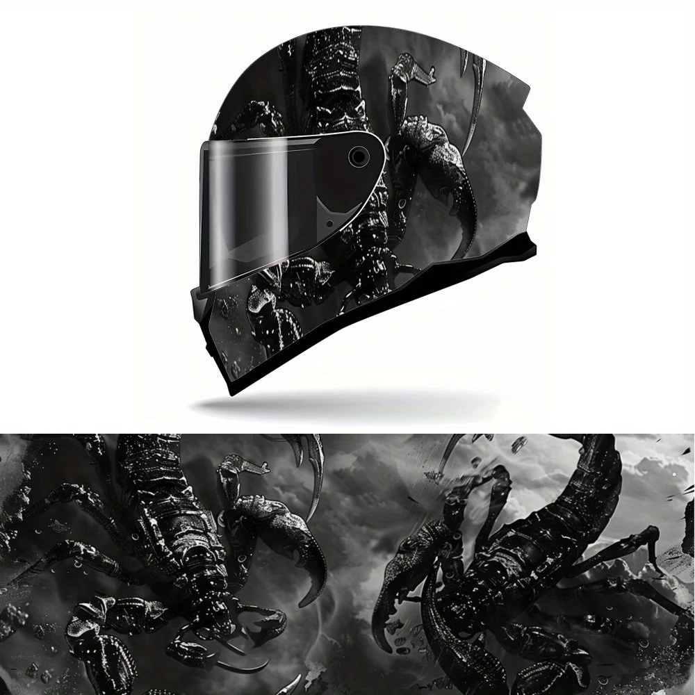 

Two black scorpions fighting against a dark cloud background Print Full Helmet Wrap Sticker Motorcycle Helmet Racing Graphic Dec