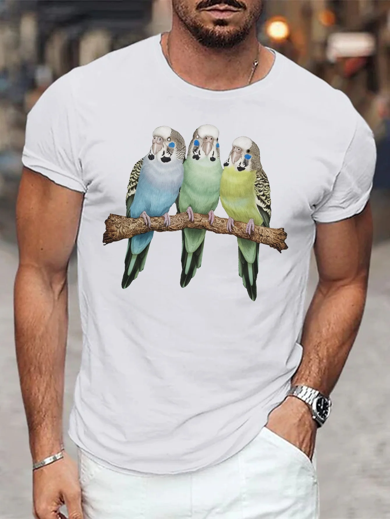 Men's Casual Short Sleeve T-Shirt with Unique Budgerigar Print - Breathable, Machine Washable - Perfect for Summer