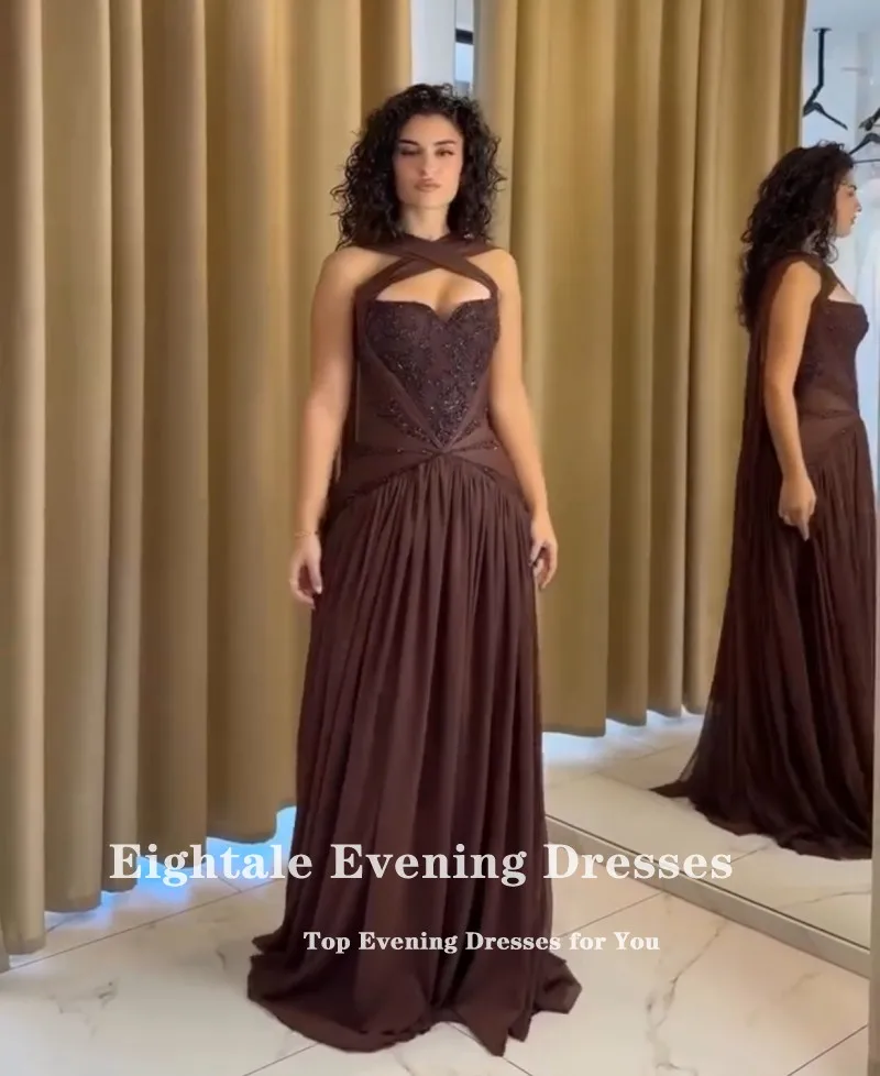 فستان سهرة عربي Eightale طيات رسن بني مزين بالخرز على شكل حرف a شيفون للمشاهير وحفلات الزفاف