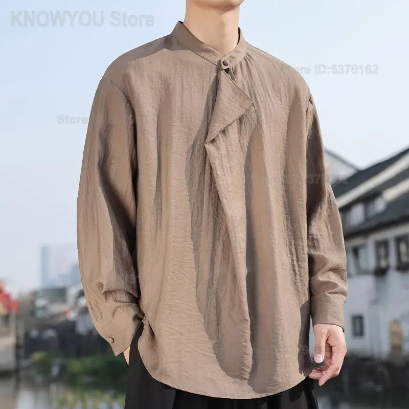 Men New Chinese Cotton Linen Long Sleeve Shirt Mandarin Collar Frog Button Plus Size Loose Zen Tea Wear Casual Oriental