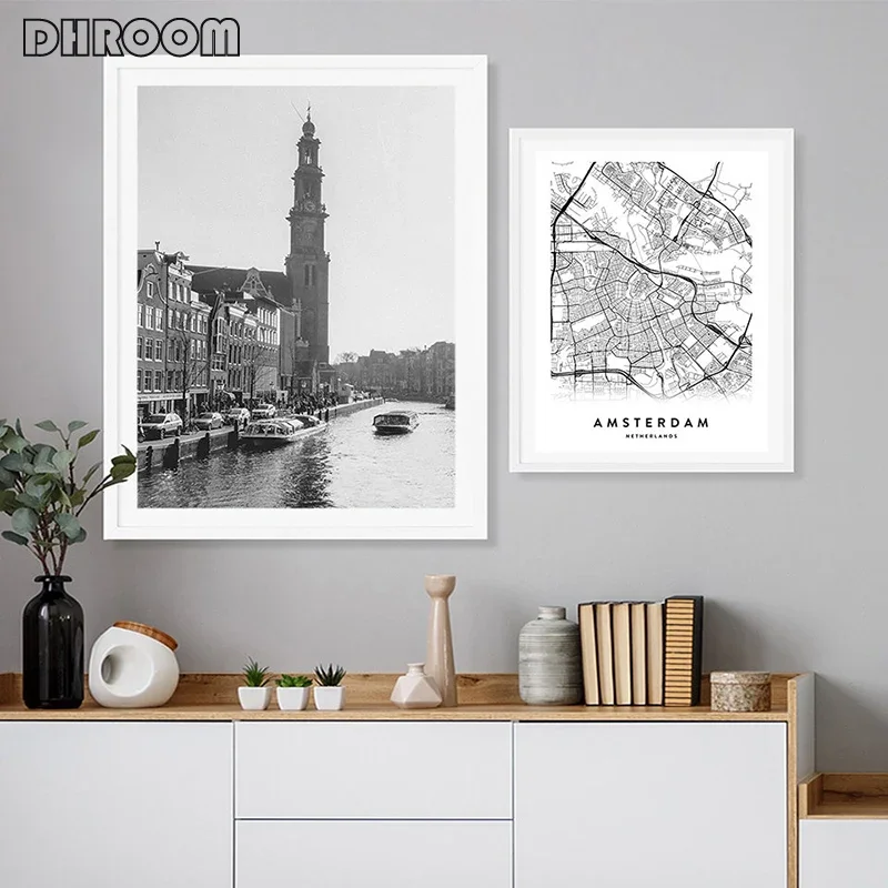 Amsterdam City Map Set Poster Print Black White Wall Art Picture Home Decor Netherlands Map Nordic Style Living Room Decoration