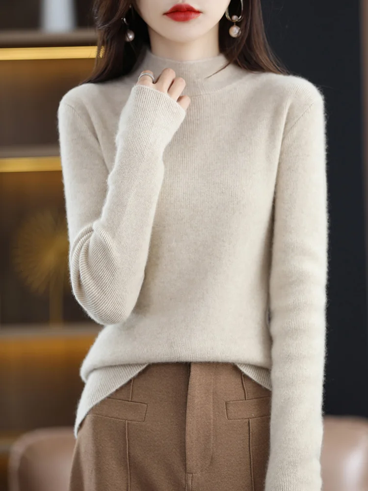 Basic Merino Wool Women Sweater Autumn Winter Korean Mock Collar Slim-Fit Knitted Pullover Long Sleeve Office Lady Clothing Tops