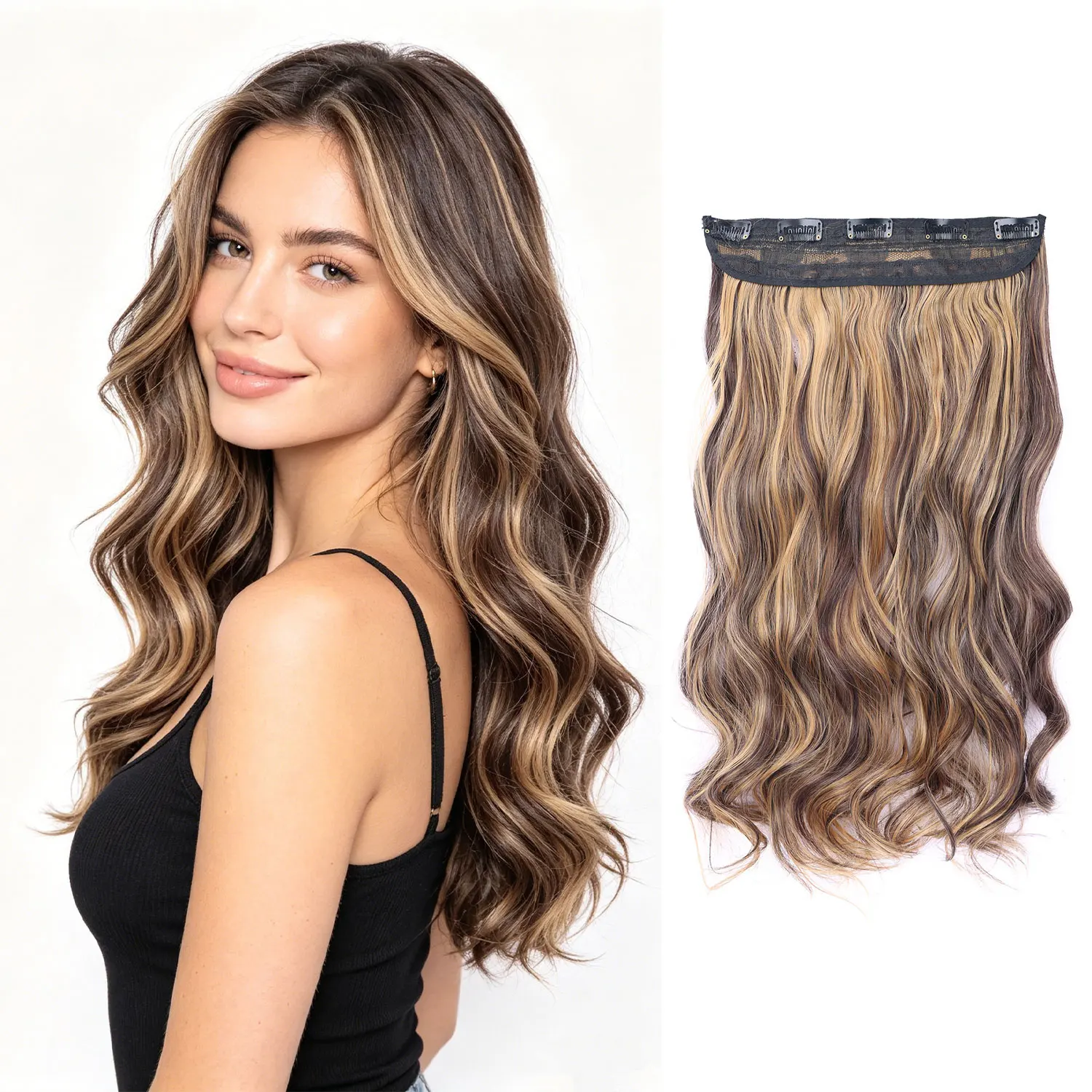 Synthetic clip in hair extensions 5 clips in one piece high temperature fiber wavy hairpieces for women daily party holiday