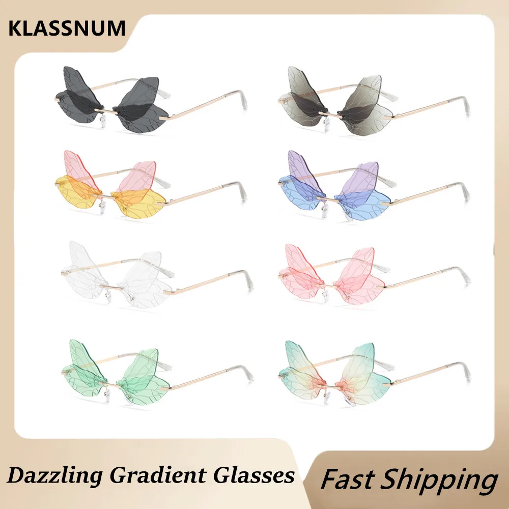 Fashion Butterfly Sunglasses Rimless Dragonfly Wing Sunglasses Women Vintage Clear Ocean Lens Eyewear Cycling Shades UV400