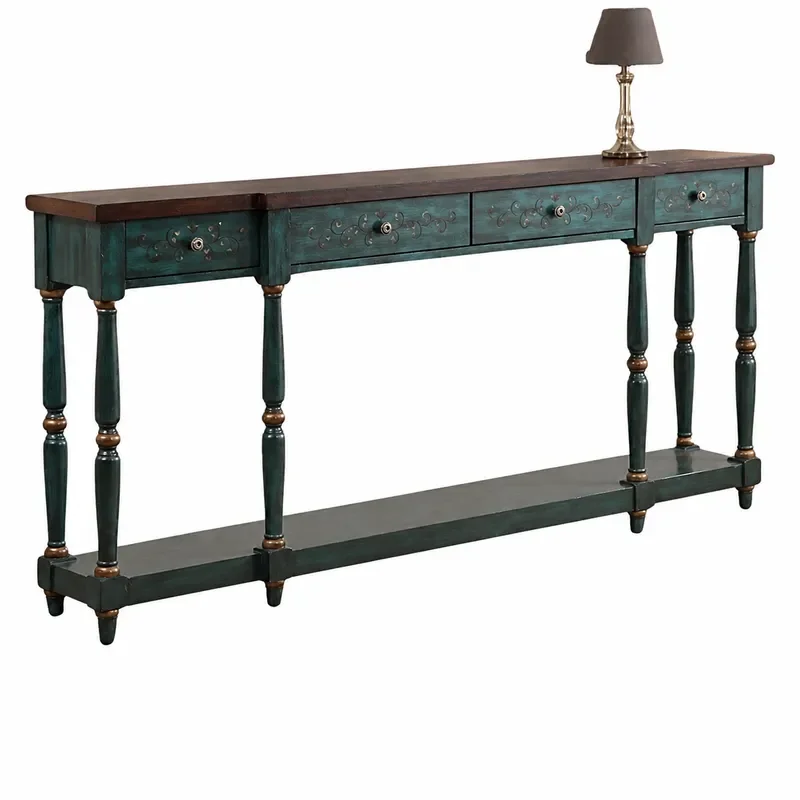 Ultra Thin Narrow Entryway Console Table Sofa Back Cabinet Retro Mediterranean Wall Mounted Decorative Storage Unit Old Paint