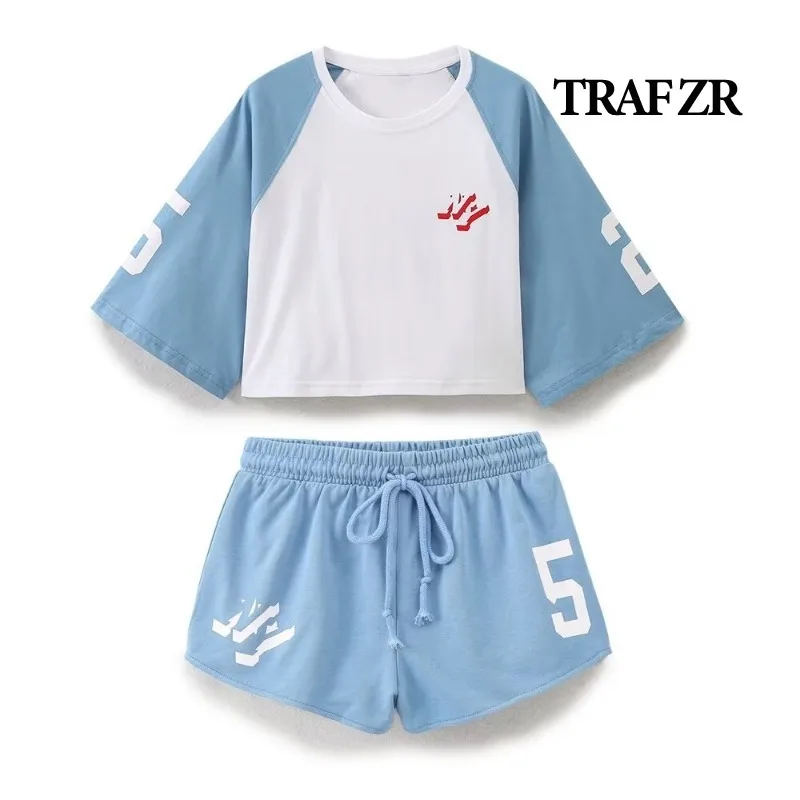 

TRAF ZR Cotton Shorts Women Summer Women's Suit Tracksuit Two Piece Set Beach Vacation Outfits Short Sleeve Pieces Outfit Sets