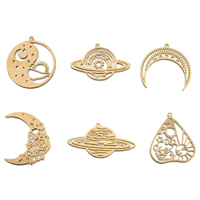 4pcs Raw Brass Celestial Sun Crescent Moon Stars Charms Planet Universe Pendant For DIY Earring Necklace Jewelry Making Supplies