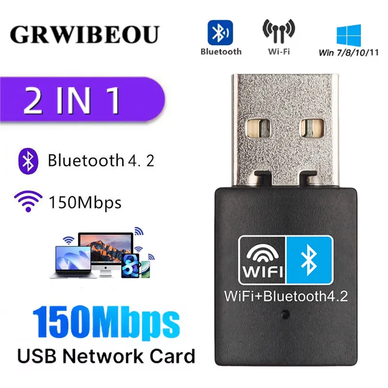 

150Mbps WiFi Bluetooth 4.2 USB Adapter Wireless Network Card 802.11N Dongle for PC Laptop Bluetooth WiFi Two in One Adapter