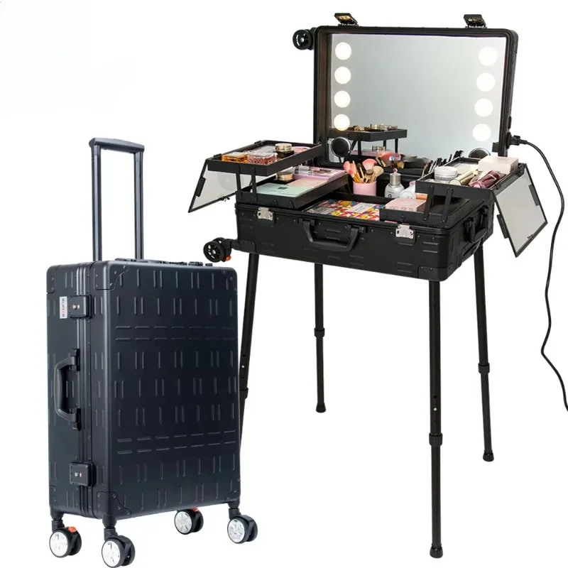 Vanity Station Make up Artist Free Standing Box Aluminum Trolley Travel Makeup Train Case with LED Mirror Light