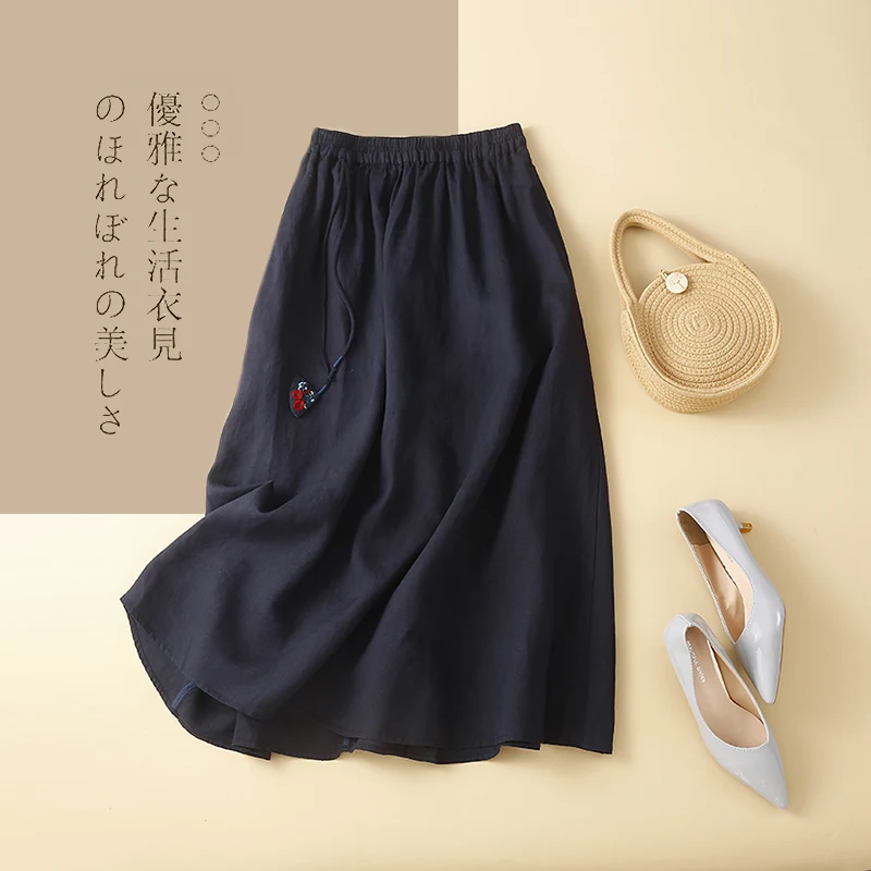 New Cottton Linen Skirt Women Summer Elastic Waist Harajuku Faldas Solid Big Swing Breathable Long Skirt with Pocket