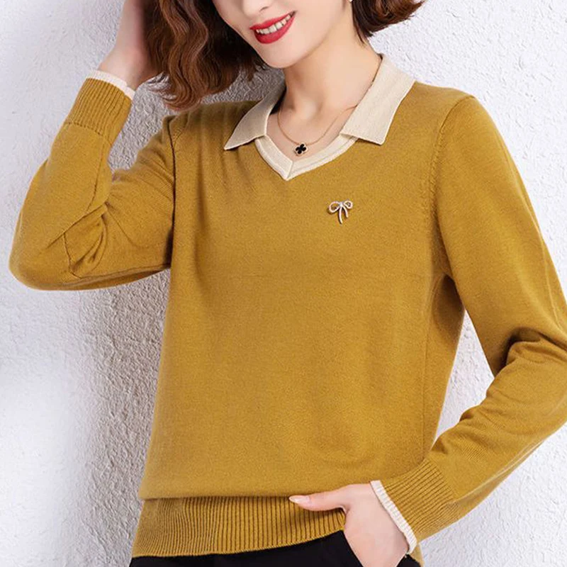 Autumn Winter New Fashion Turn-down Collar Long Sleeve Women\'s Clothing Pullovers Patchwork Color Blocking Knitting Loose Tops