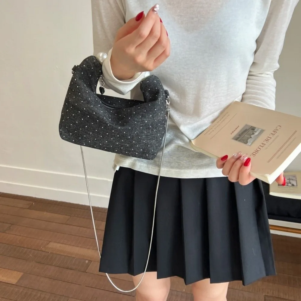 

Elegant Korean Pearls Denim Bag Small Square Denim Crossbody Bag Casual Rhinestones Women's Handbags Purse