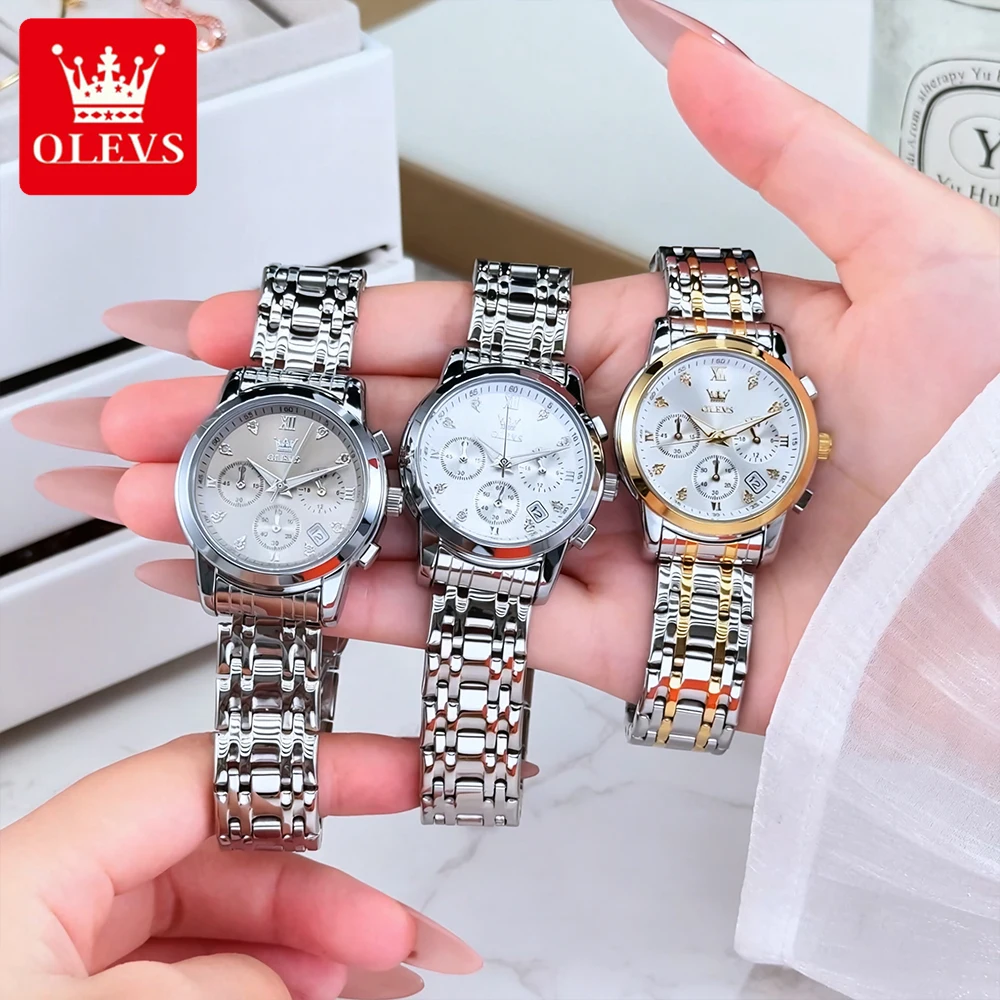 ساعات نسائية أنيقة من OLEVS ساعة يد كوارتز أصلية فاخرة من الفولاذ المقاوم للماء كرونوغراف للتاريخ المضيء