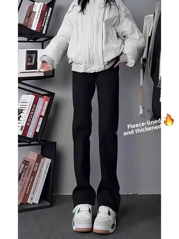 

Black Fleece Lined Slim Fit Jeans Men's Autumn Winter Long Straight Leg Micro Flared Pants High Street American Style