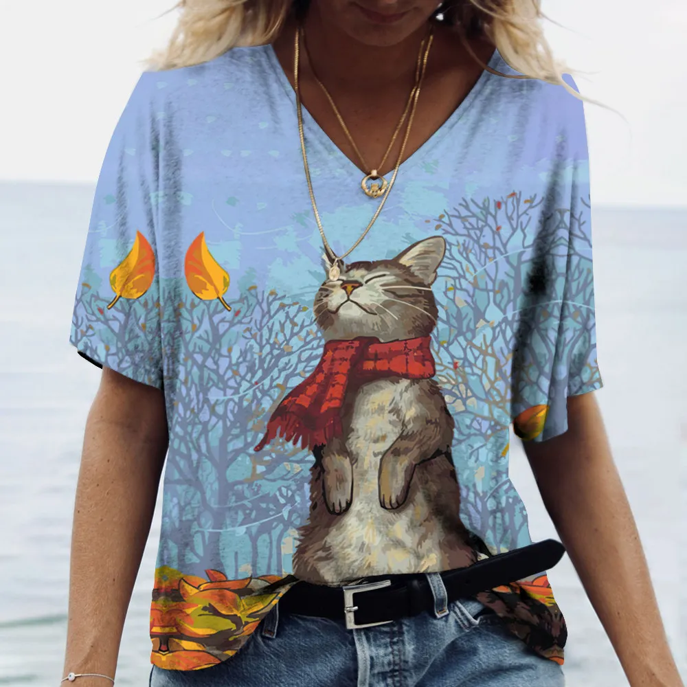 Cute Summer Clothing V-Neck Short Sleeve T-Shirts Plus Size T Shirt 3d Animals Printing Tops Casual Pullover Tee Women\'s Clothin