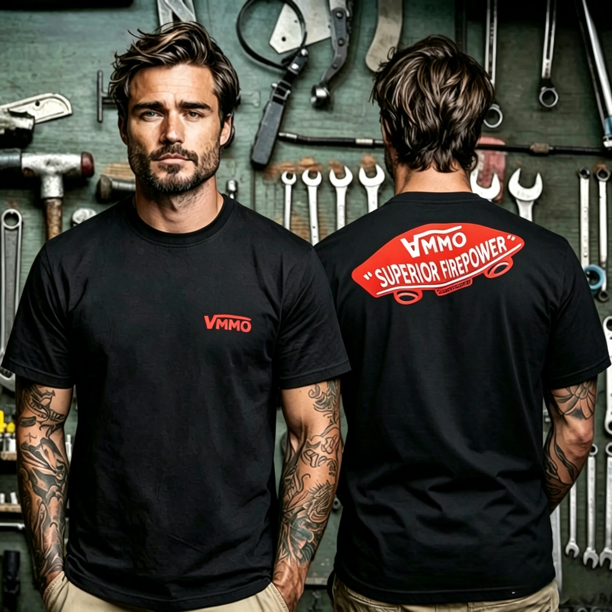 Trendy VMMO Superior Firepower Graphic Unisex T‑Shirt, Front Mini Red VMMO Logo and Big Back Skateboard‑Art Print