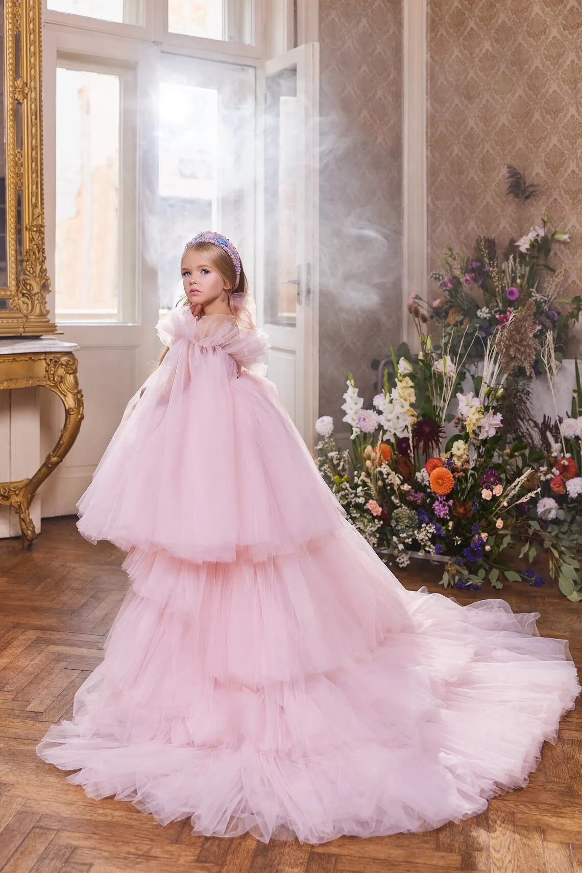 Fluffy Child Pink Flower Girl Dresses Wedding O Neck Tulle Party Birthday Pageant Christmas Show Dresses with Detachable Train