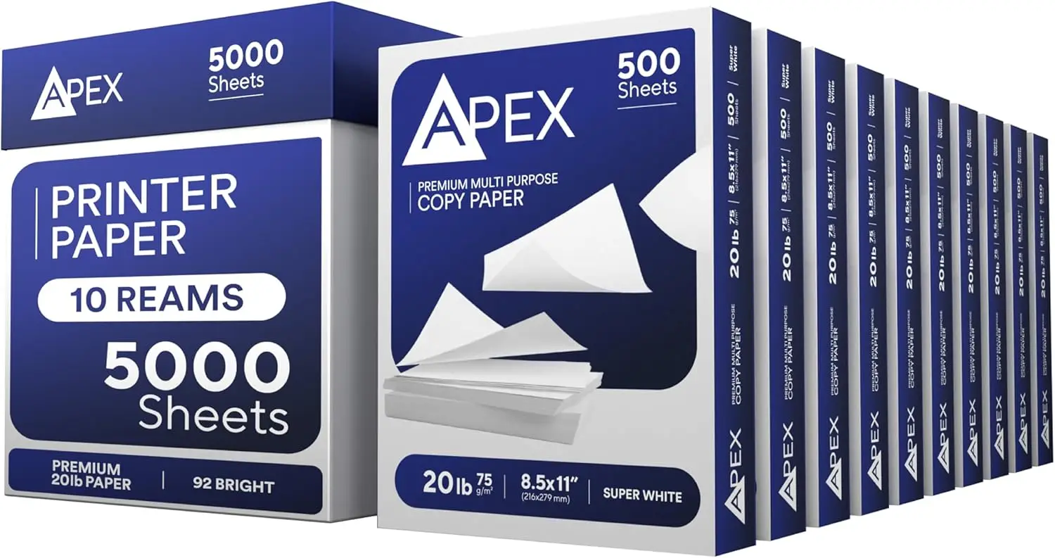 

Multipurpose Copy Paper 8.5x11, 20lb, 92 Bright, 5000 Sheets (10 Reams), Jam-Free