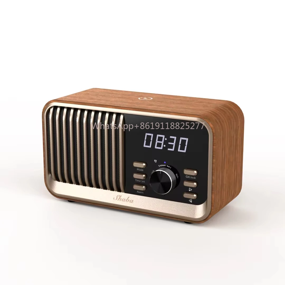 

Retro Wireless Charging Wooden Speaker BT Loudspeaker Alarm Clock FM Radio HiFi Sound Music Box Decoration