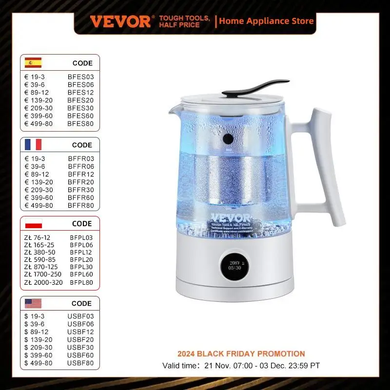 VEVOR Hydrogen Water Pitcher Generator, 1.5 L / 52.8 oz Large Capacity Hydrogen Generator Water Kettle, SPE and PEM Technology