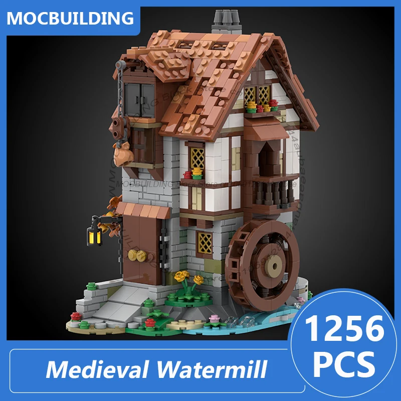 Castillo de molino de agua Medieval, modelo Moc, bloques de construcción Diy, colección de ladrillos, exhibición de arquitectura, juguetes de Navidad, regalos, 1256 Uds.