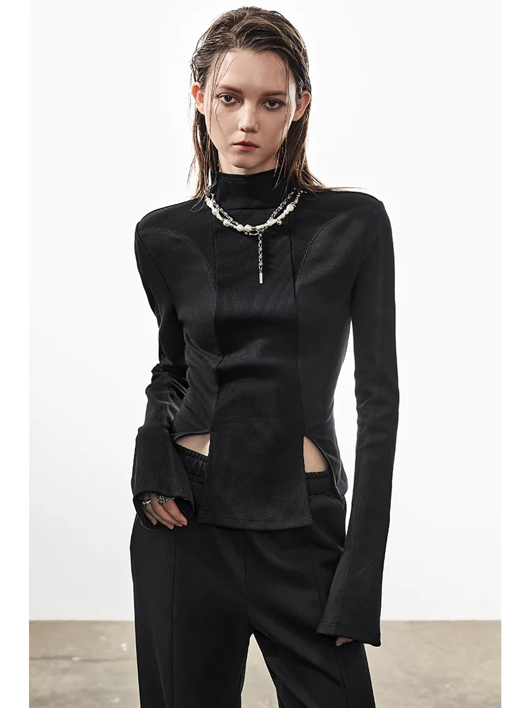 

Chentaitai Long Sve High Collar Knitted Base irt Women's Slim Fit T-irt Pure Color Commute Sle Autumn Season