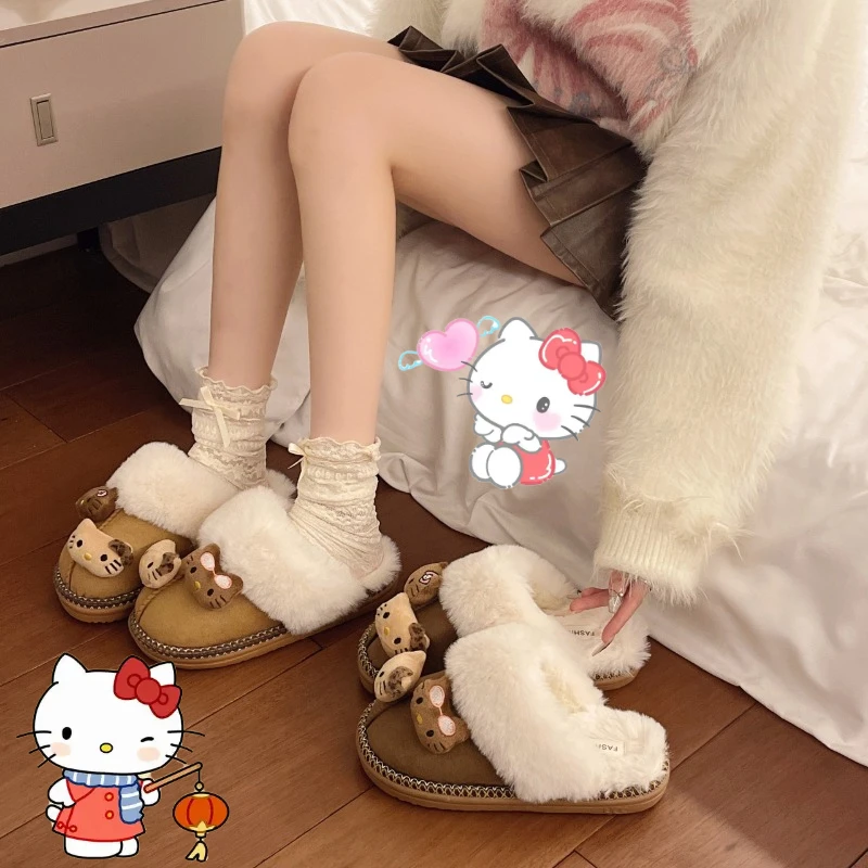 

Sanrio Hello Kitty Cotton Slippers Fall/Winter Wearable Indoors Outdoors Home Warm Plush Slippers Anime with Thick Warm Padding