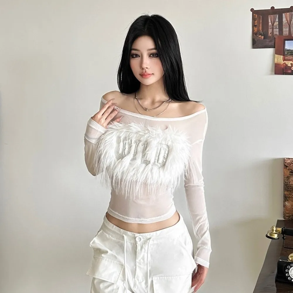 실큐 섹시 시스루 티셔츠 여성 레터 자수 퍼리 패치워크 U넥 긴팔 핫걸 스트릿 와일드 스타일 탑