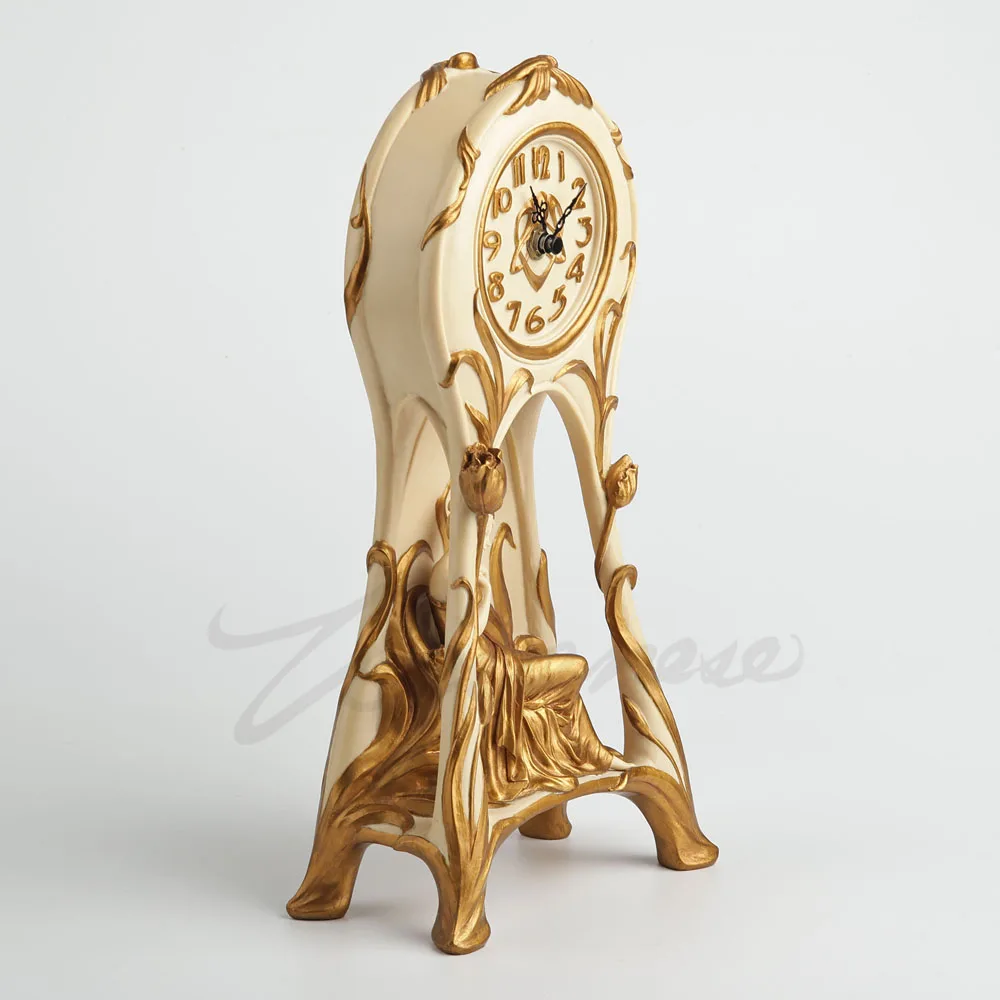 Resin Antique Desk Clock Gilded Tulip Relief Sitting Lady Figurine Vintage Ivory Gold Mantel Clock Home Decorative Ornament Gift