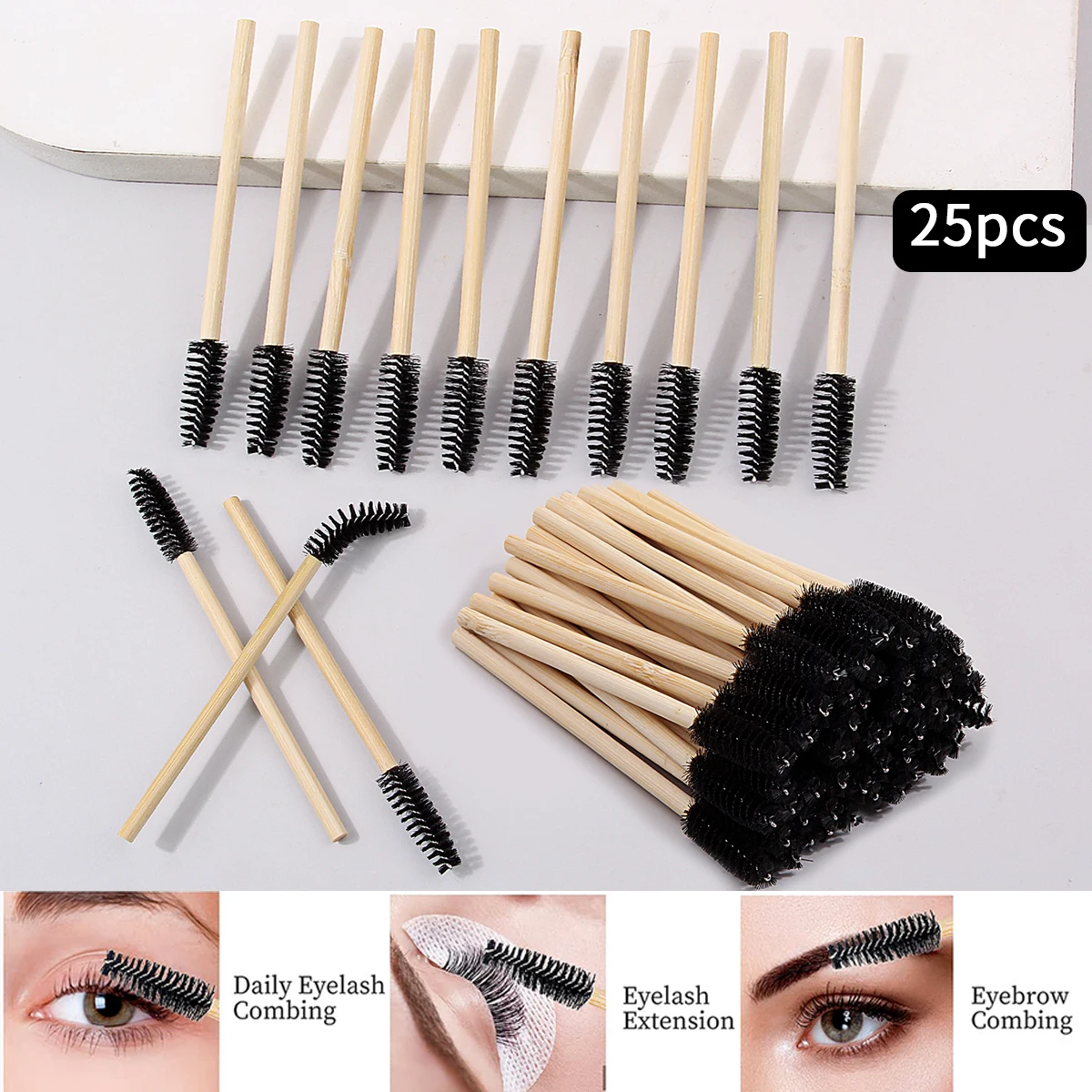 25/50/100pcs escovas de cílios de bambu natural, kit aplicador de maquiagem, conjunto de escova de sobrancelha e cílios, ferramentas cosméticas portáteis