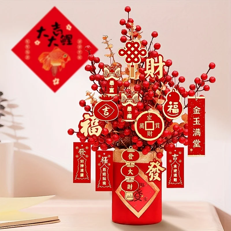 16pcs/set Spring Festival, Home Decoration Event Pendants Blessing Characters, Hanging Cards, Holiday Decoration Paper