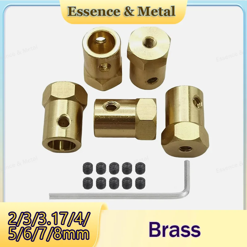 5PCS Brass Hexagonal Coupling 2/3/3.17/4/5/6/7/8mm Motor Transmission Connector with Screw Wrench Suitable for Model Wheel Tires