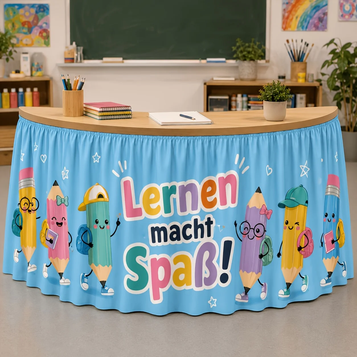 Party tablecloth, table skirt, 1 piece, Print Table Skirt, blue learning supplies theme, pencil character, backpack