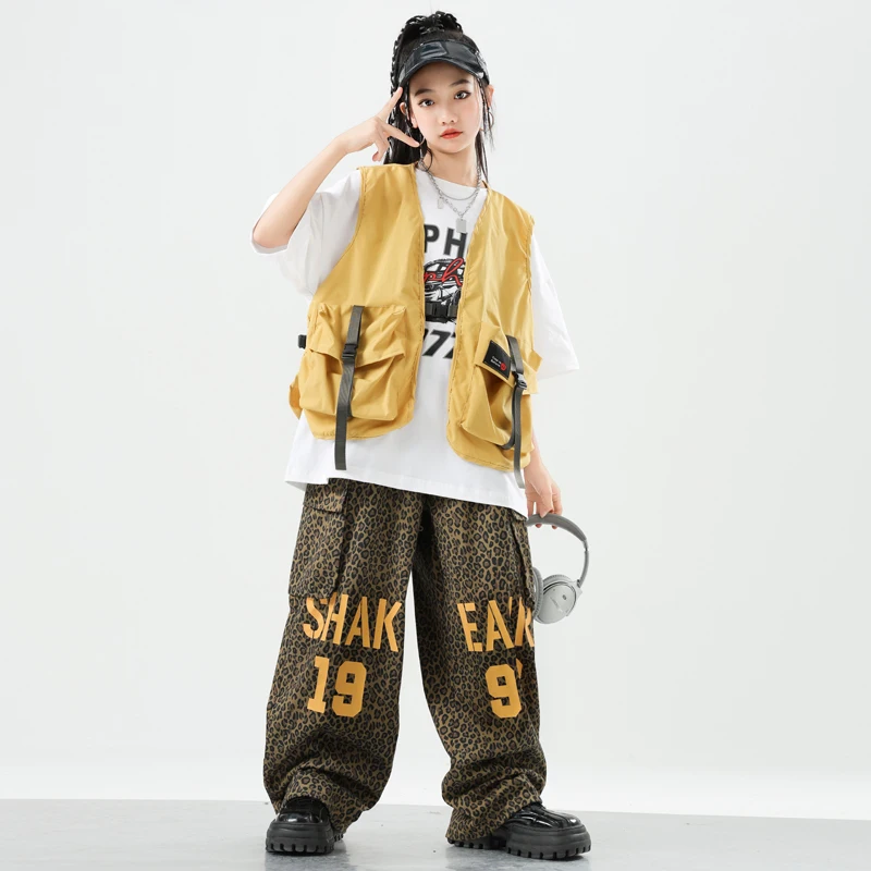 Ropa de calle para niños, chaleco amarillo de Hip Hop, camisa, pantalones Cargo, pantalones para correr de baile callejero para niñas, conjuntos de ropa, disfraces morados de Jazz para niños