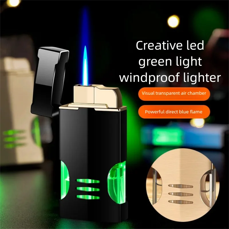 Visual gas LED light, trendy new metal inflatable windproof blue flame direct charging butane lighter