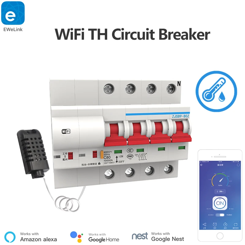 Smart App 4P WiFi Smart Circuit Breaker Overload Short Circuit Protection with Temperature and Humidity Monitoring Thermostat