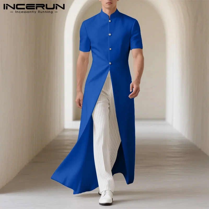 INCERUN Men Long Style Shirt Solid Color Stand Collar Short Sleeve Male Cardigan Tops Streetwear 2025 Fashion Men Clothing S-5XL