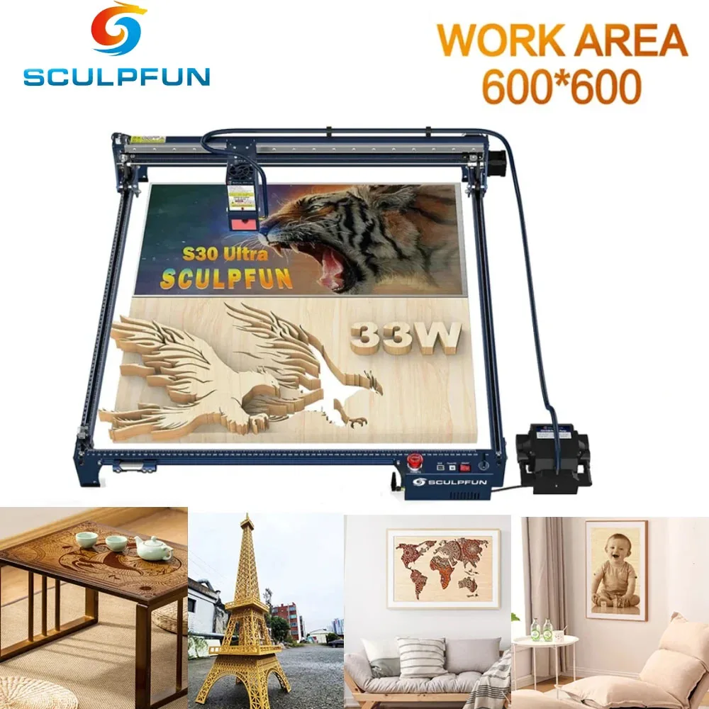 

Лазерный гравировальный станок SCULPFUN S30 Ultra 33 Вт, площадь 600x600 мм с автоматической системой воздушной помощи, сменная линза для защиты глаз для дерева