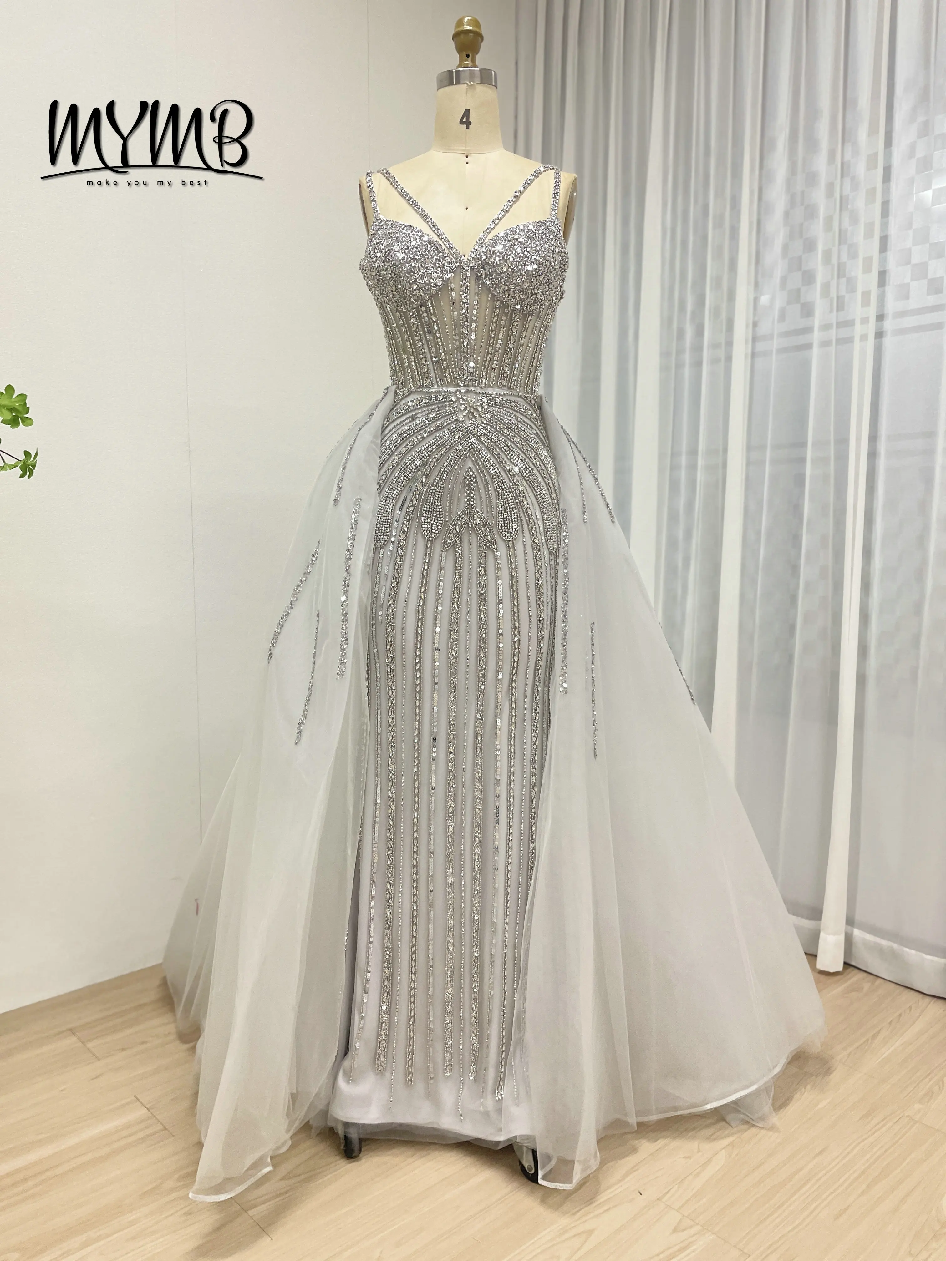 Mymb prata sexy chique sereia casamento luxo rosa frisado vestidos de noite overskirt elegante formal vestidos de festa para mulher my30161