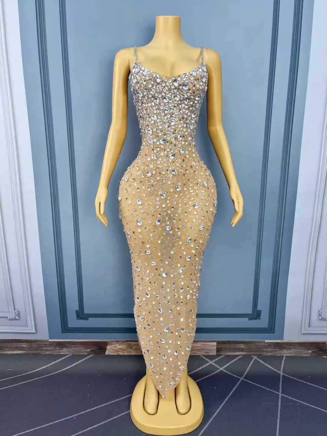 Luxo piscando strass sexy nude malha suspensórios vestido feminino aniversário noite cocktail vestido de festa tapete vermelho palco wear