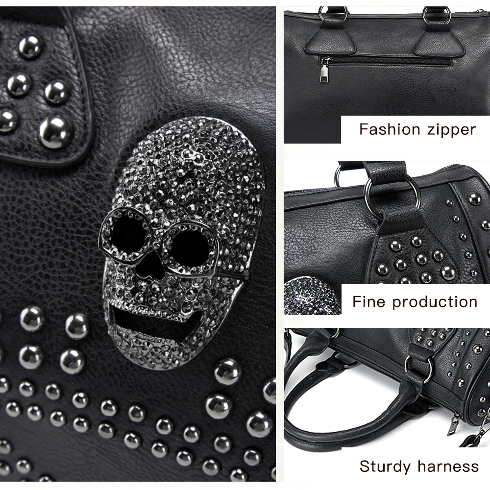 Annmouler Women\'s Bag 2022 Trend Large Capacity Boston Bag Black Skull Handbag Luxury Pu Leather Tote Bag Rivet Crossbody Purse